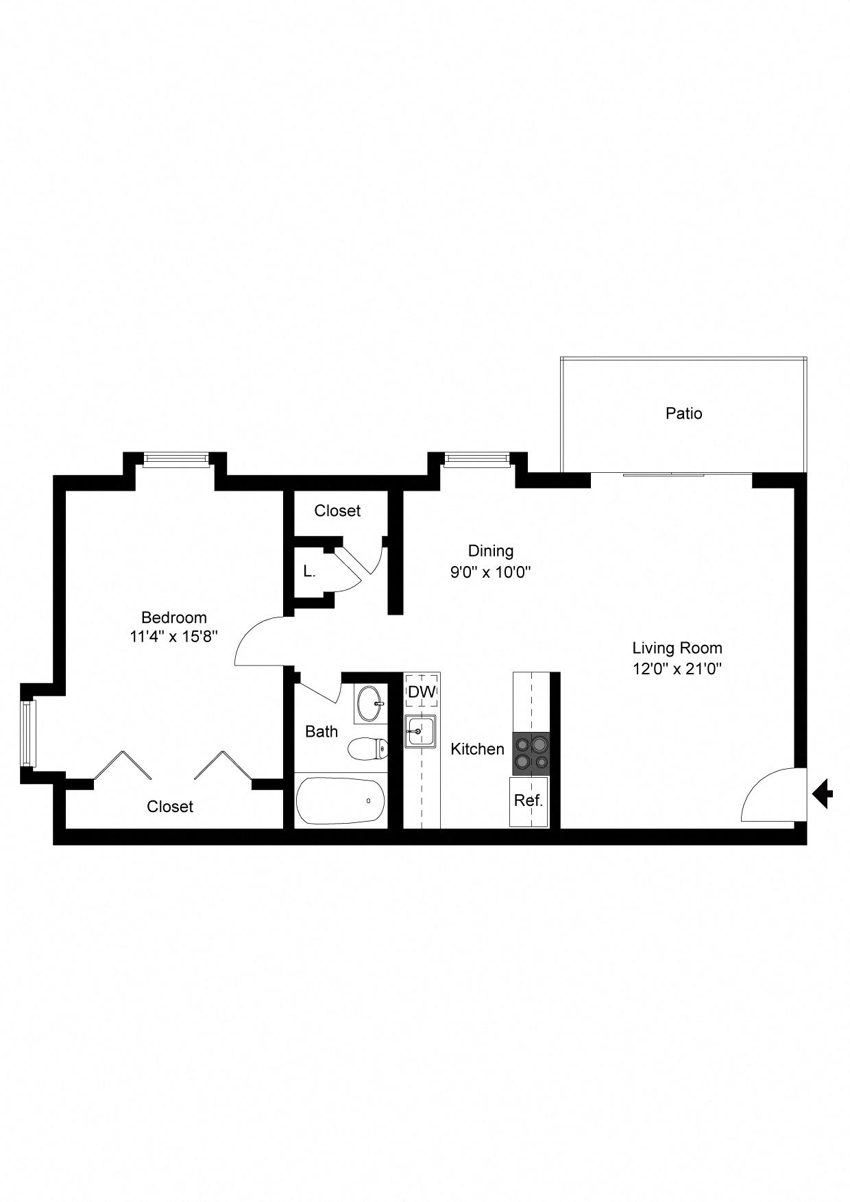 Floor plan for 1 bed, 1 bath, 760 sqft